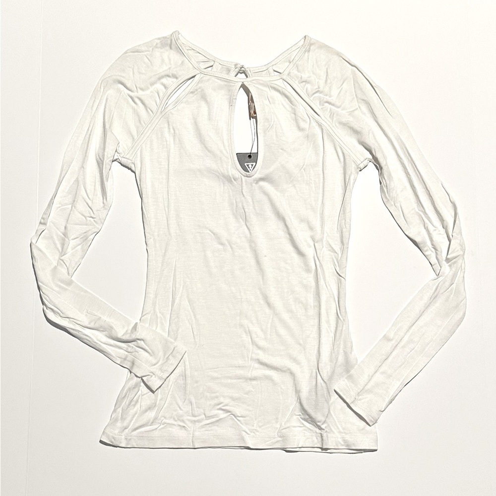 GUESS White Cut Out Front Long Sleeve Shirt sz XS